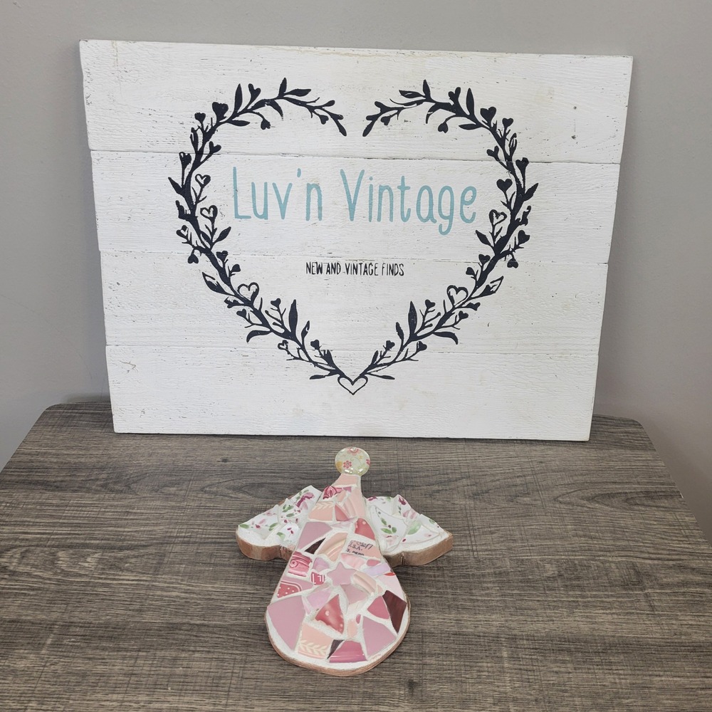 Mosaic Angel Wall Decor Pink‎ Floral Plate Shards Art Handmade Ornament